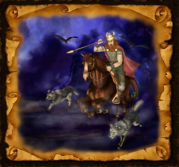 Odin, der germanische Gott, reitet auf seinem achtbeinigen Pferd Sleipnir durch den Wolkenhimmel.